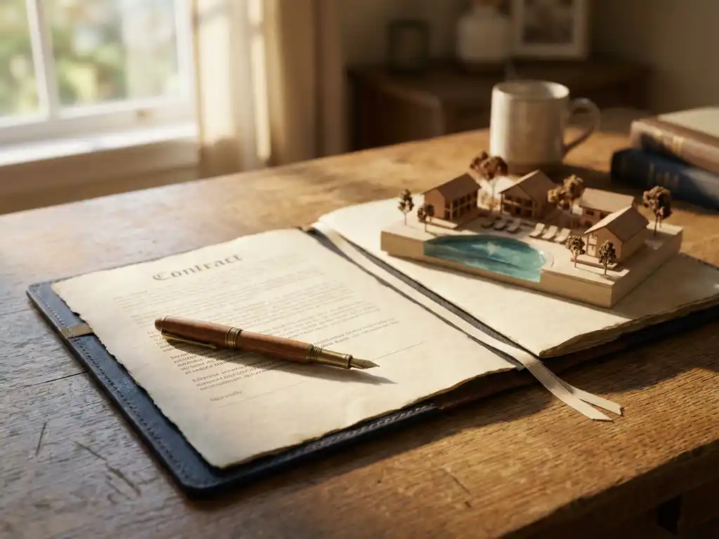 Openliggend leren juridisch contract op eiken bureau naast miniatuurmodel van vakantieresort, vulpen liggend op de pagina's.
