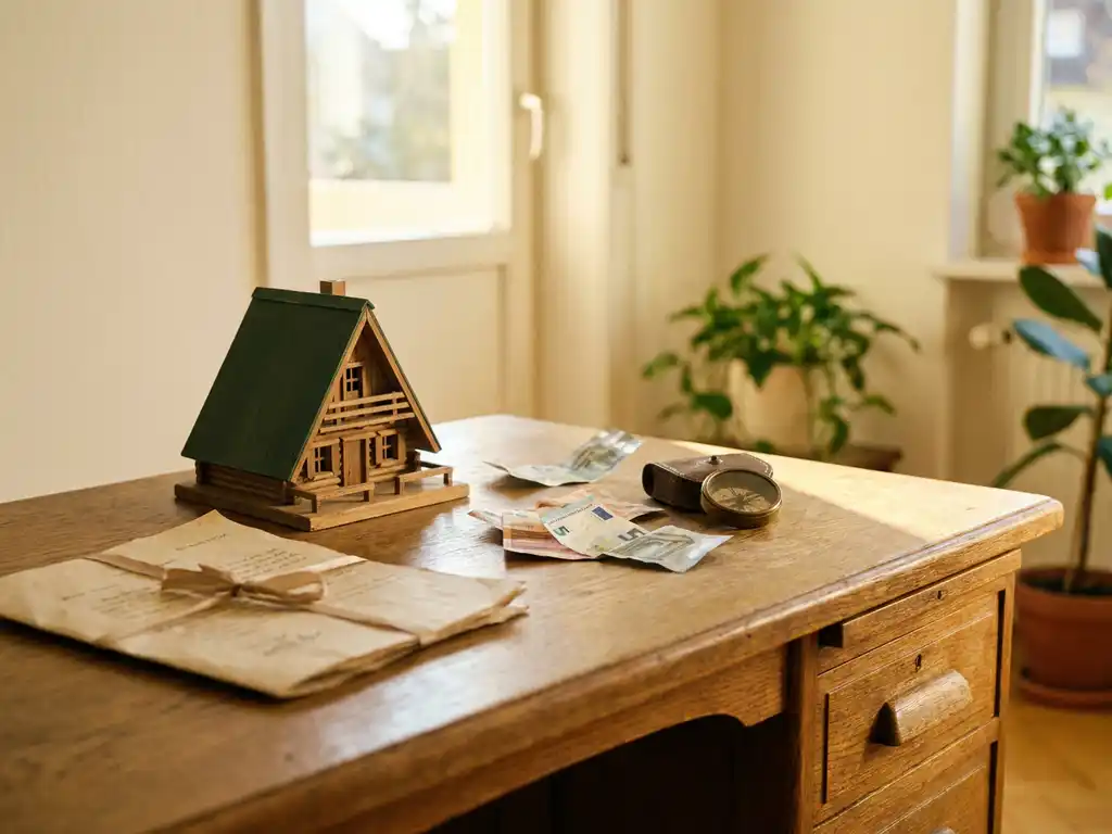 Gevouwen vastgoedcontract en miniatuur vakantiehuisje op houten bureau met eurobiletten en vintage kompas in warm middaglicht.