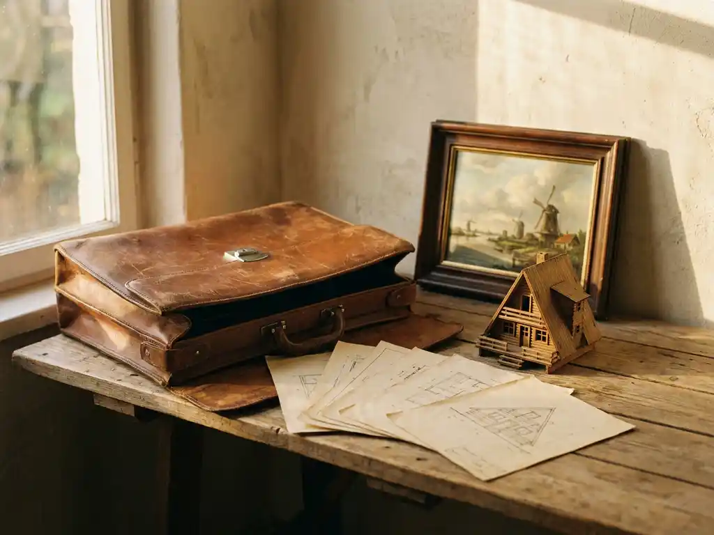 Versleten leren aktentas op rustieke houten tafel met uitgespreide documenten, miniatuur chalet en klein Nederlands schilderij in warm middaglicht.