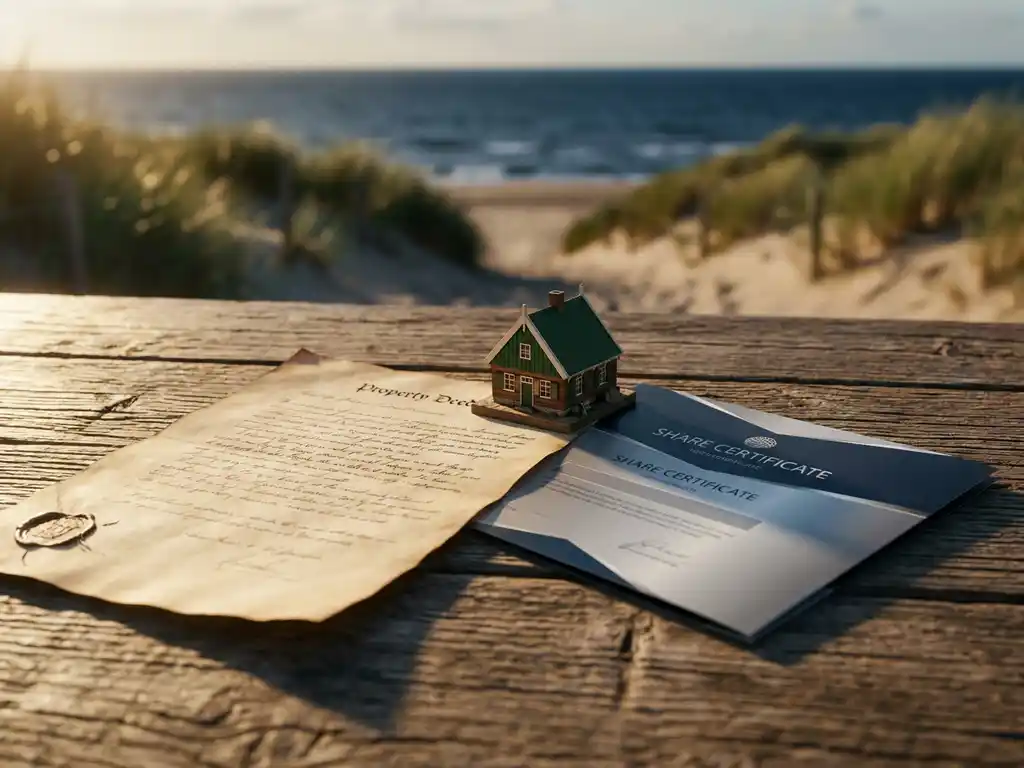 Eigendomsakte en aandelencertificaat naast een miniatuur houten chalet op een verweerde tafel, met een Hollands kustlandschap op de achtergrond.