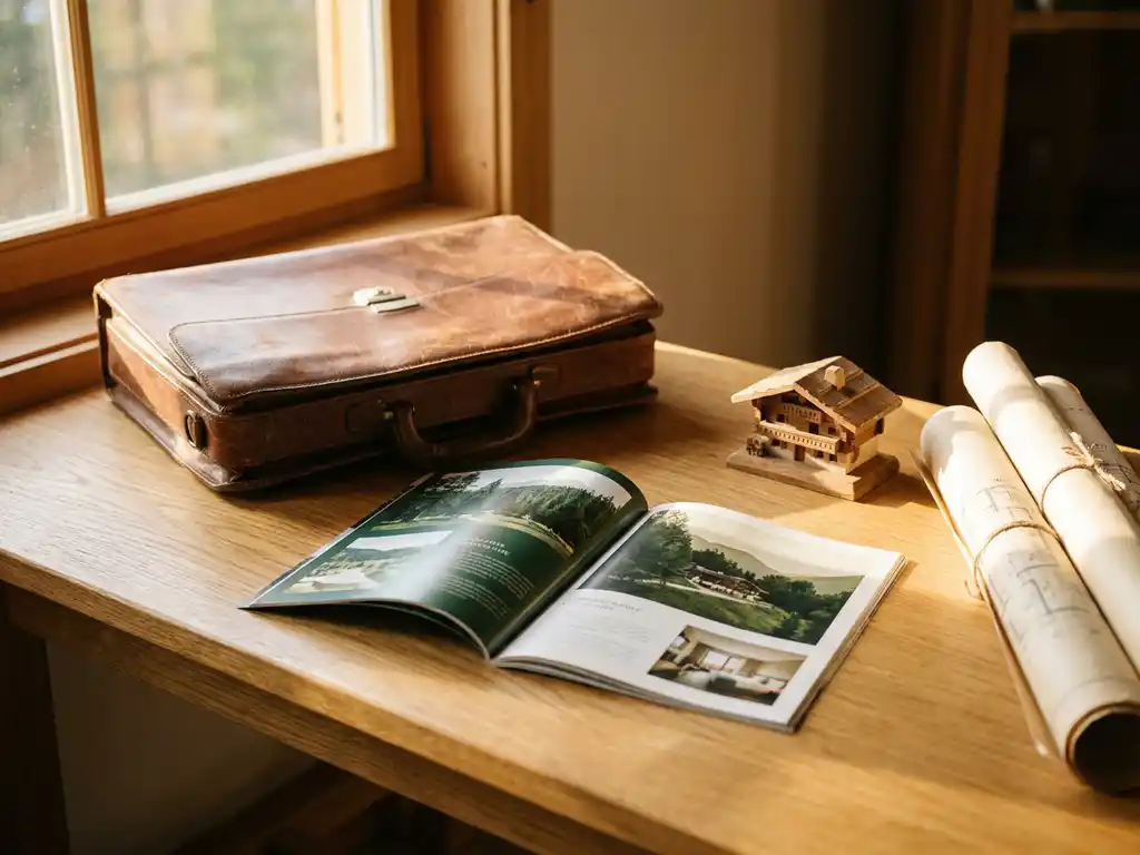 Versleten leren aktetas en resortbrochure op eikenhouten bureau naast miniatuur chalet en opgerolde kadastrale documenten.