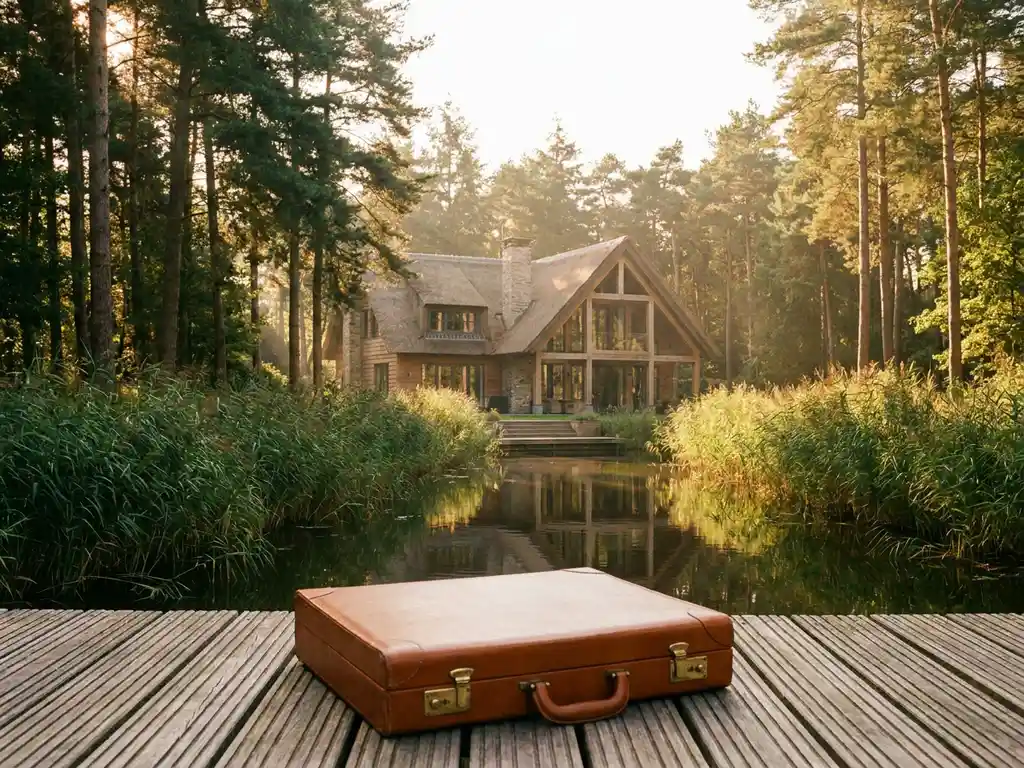 Luxe vakantiechalets tussen dennenbomen langs een Nederlandse waterweg, met een leren portfolio op een houten steiger in warme middagzon.