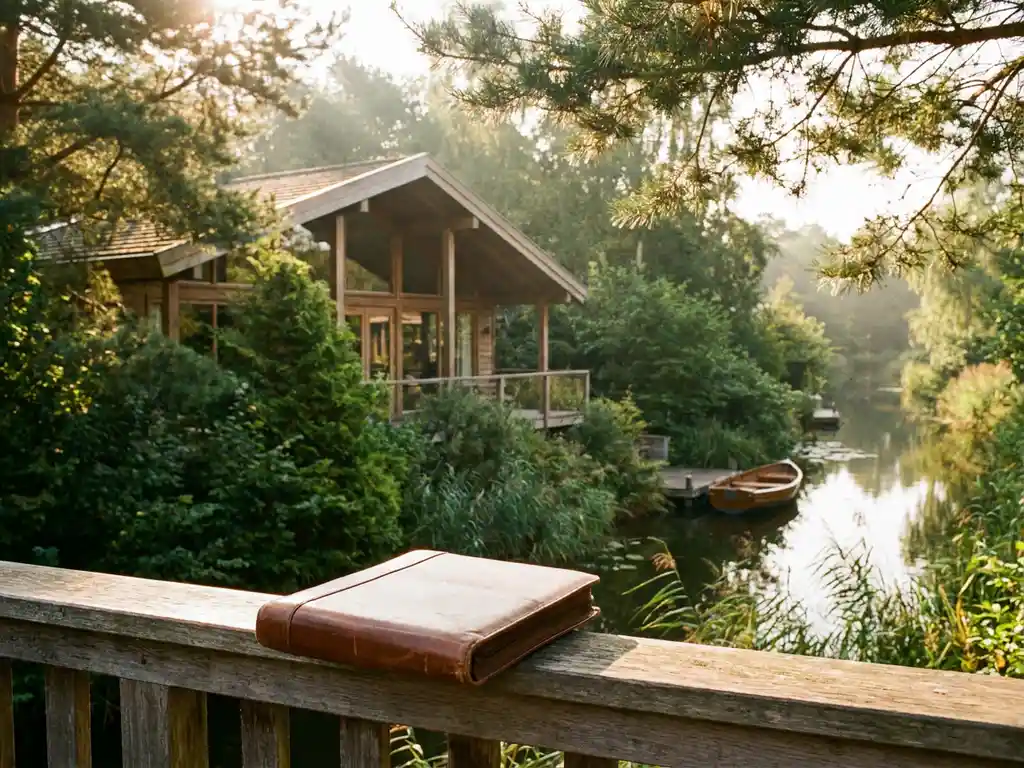 Luxe vakantiewoning aan Nederlands waterkanaal tussen groene bomen, met leren investeringsportfolio op zonnig houten terras.