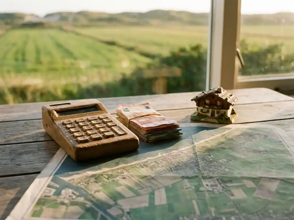 Verouderde houten rekenmachine met eurobiljetten en miniatuur chalet op luchtfoto van Nederlands kustlandschap met groene polders.
