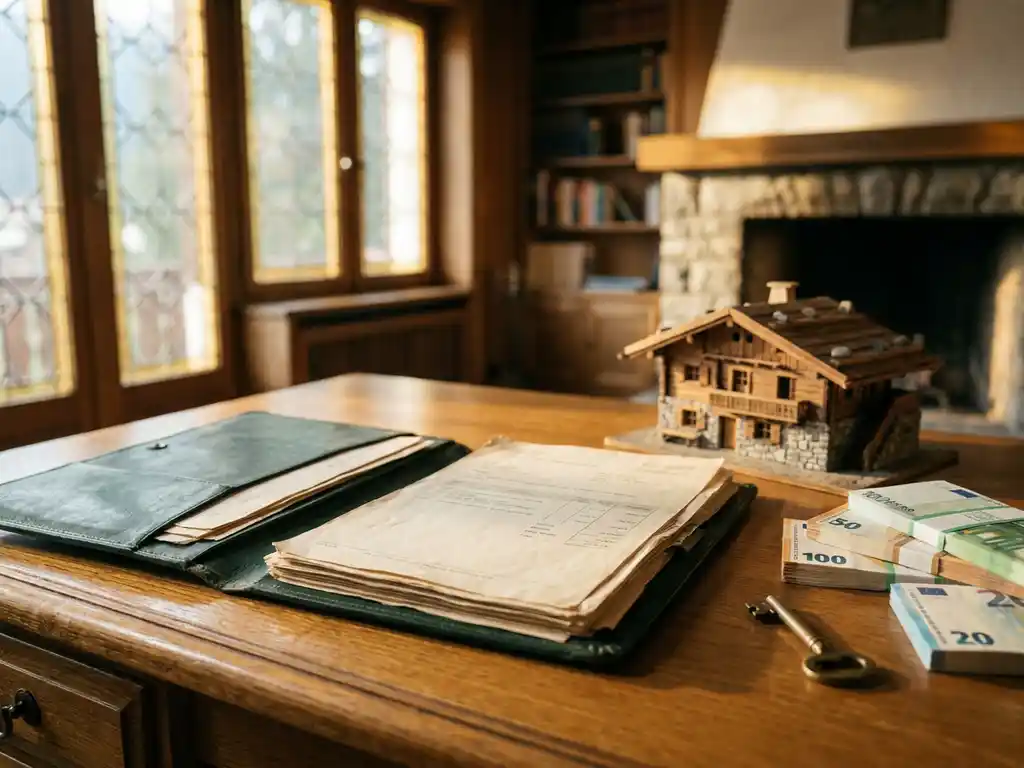 Opengeslagen leren financiële portfolio naast een schaalmodel chalet op een eikenhouten bureau met eurobiljetten en een messing sleutel.