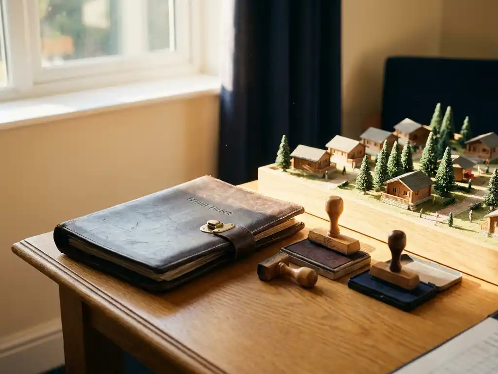 Leren vergunningsmap met gemeentelijke stempels op eikenhouten bureau naast een miniatuur vakantiepark met chaletjes, warm middaglicht.
