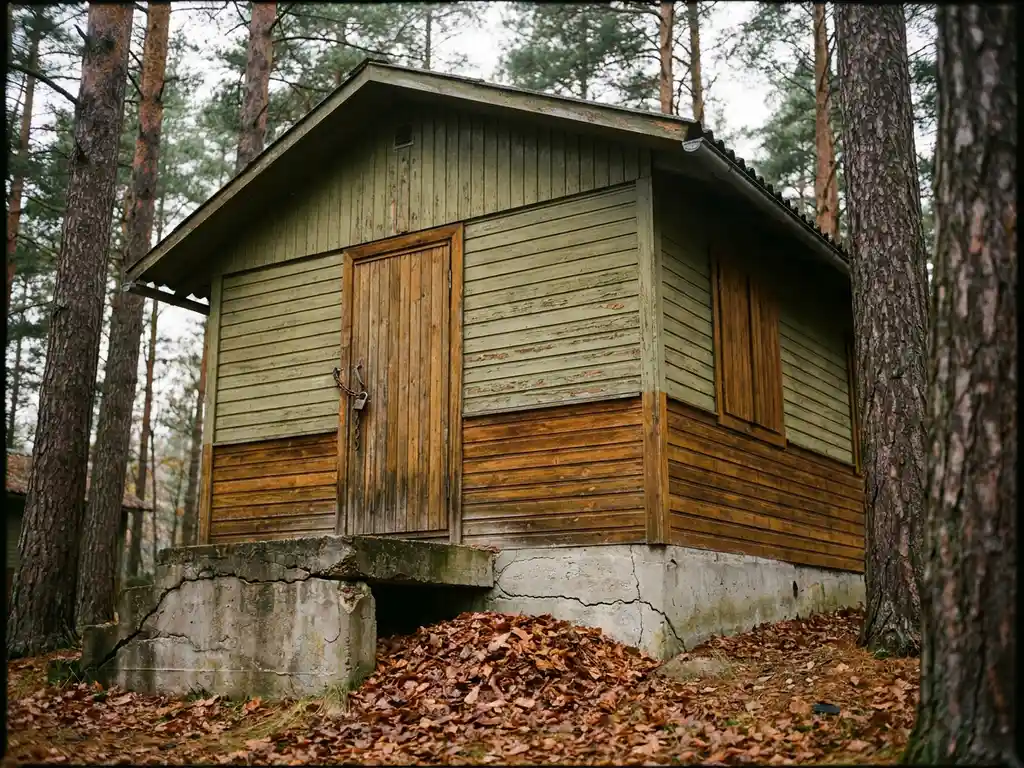 Verweerde houten chalet in dennenbos met zichtbare scheur in fundering, herfstbladeren en verroest hangslot op de deur.