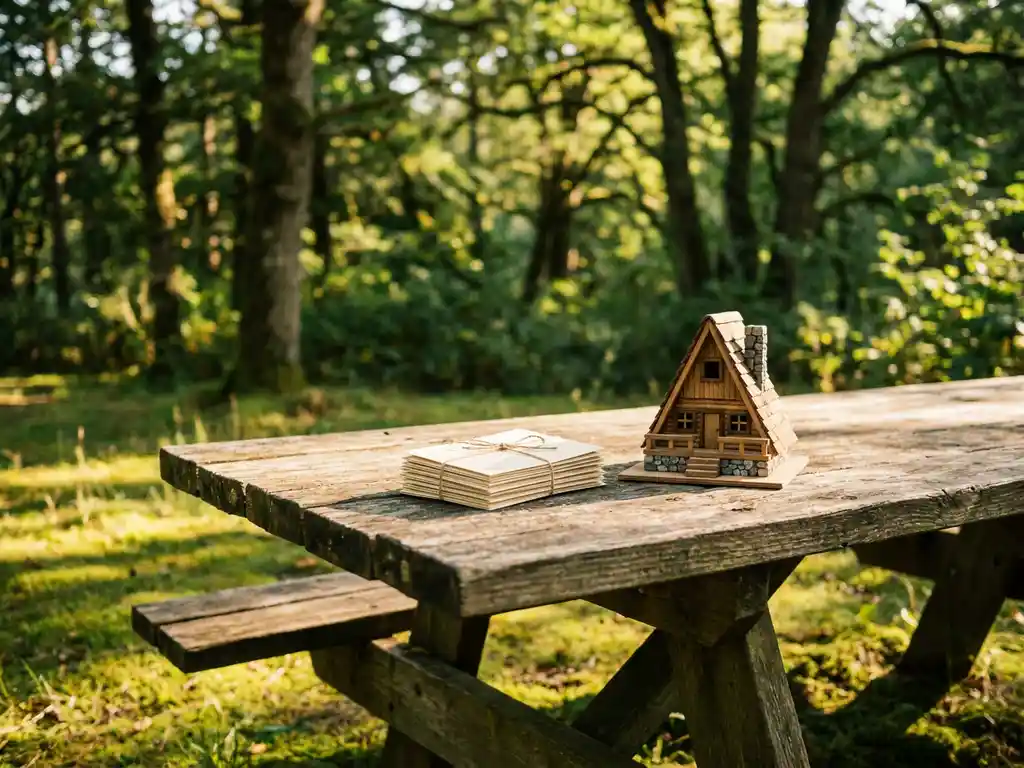 Vragenkaarten en miniatuur vakantiechaletmodel op verweerde houten tafel buiten, omringd door groen gras en gefilterd zonlicht.