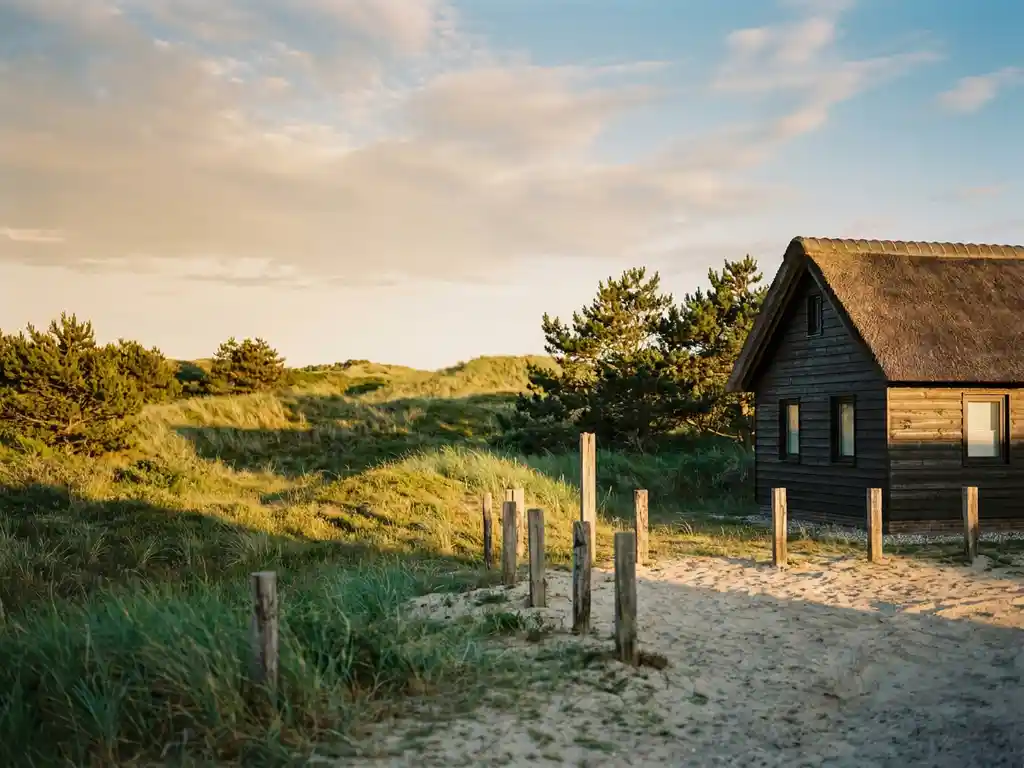 Leeg bouwkavel met houten palen naast een vakantiehuisje in een Nederlands kustlandschap met dennenbomen en gouden middagzon.