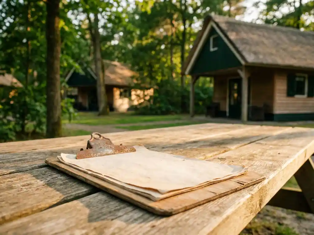 Verouderd houten klembord op een rustieke tafel in een luxe Nederlands vakantiepark met houten chalets en groene bomen op de achtergrond.