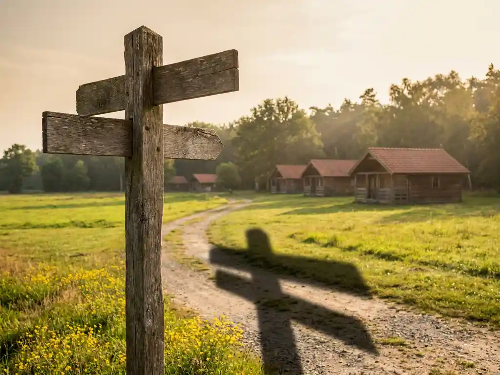 Verweerde houten wegwijzer met lange schaduw in Nederlands landschap, groene weiden en recreatiehuisjes in warm middaglicht.
