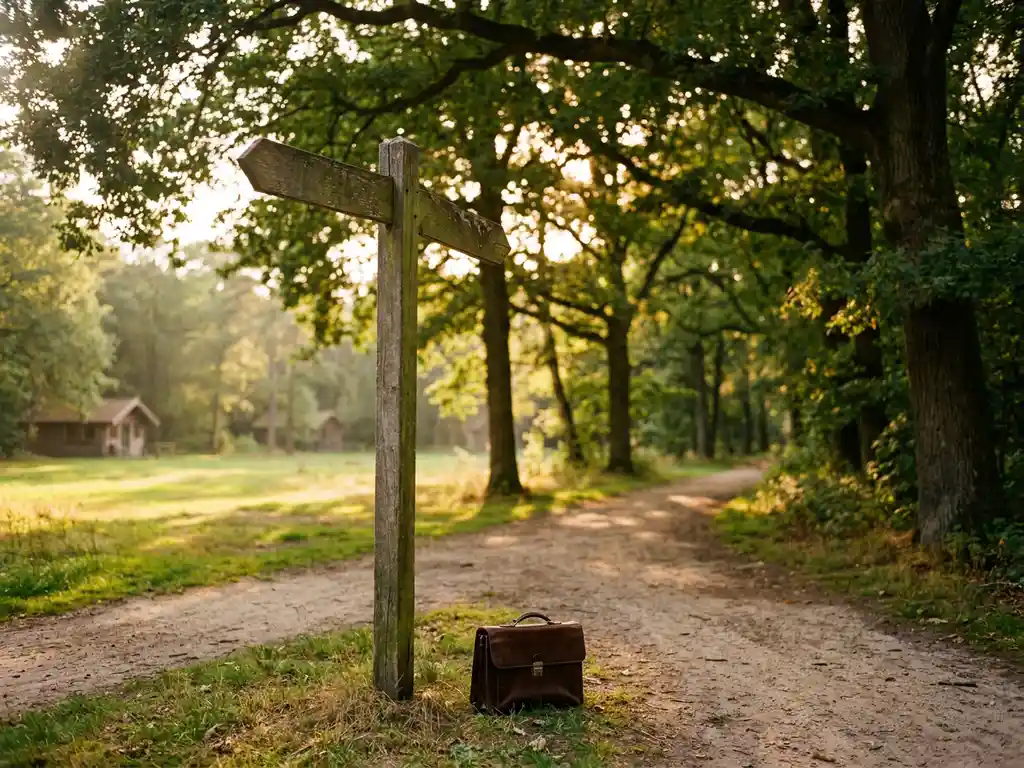 Verweerde houten wegwijzer op een tweesprong in het Nederlandse landschap, met chalets zichtbaar in de verte en een leren aktetas op de grond.