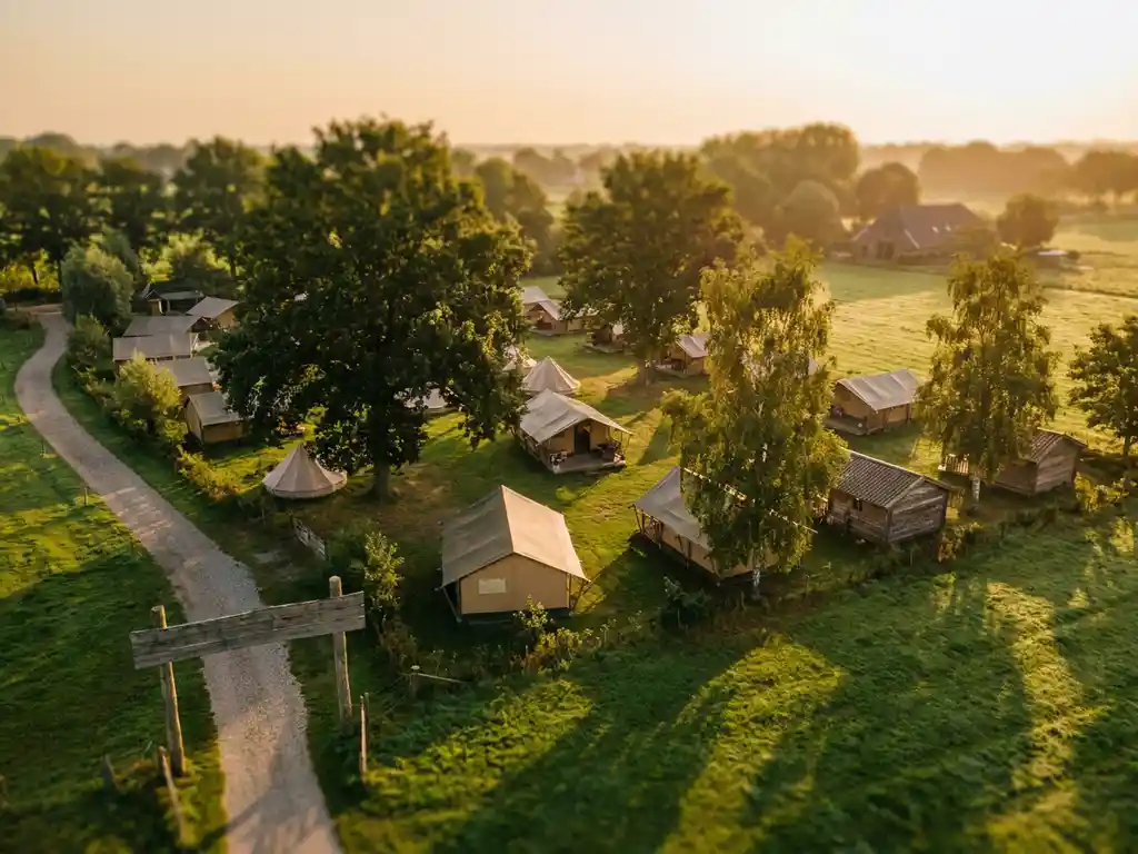 Zonnig Nederlands kampeerterrein met luxe glamping tenten en houten huisjes tussen volwassen bomen, verlicht door gouden avondlicht.